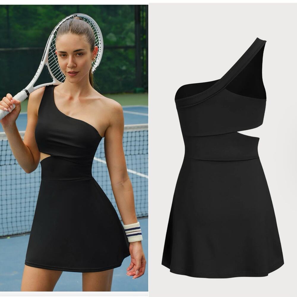 BERLOOK One Shoulder Cut Out Sports Dress with Shorts Black Size S
